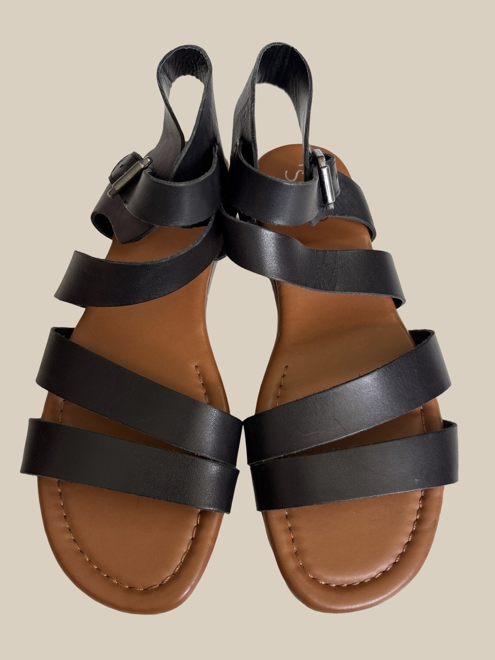 Franco Sarto Genji Black Leather Ankle Strap Gladiator Flat Sandals SZ 7.5M - Picture 6 of 8